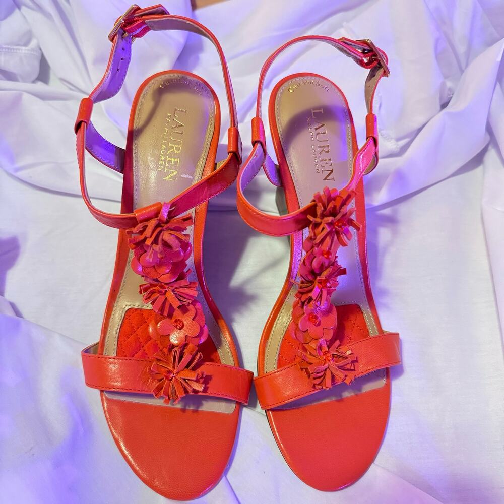 Lauren Ralph Lauren Women’s Wedge Sandals Leather Orange Flower Abia 9.5 B US